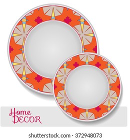 Set of 2 matching decorative plates for interior design. Tribal ethnic ornament, home decor vector illustration.