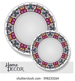 Set of 2 matching decorative plates for interior design. Tribal ethnic ornament, home decor vector illustration.