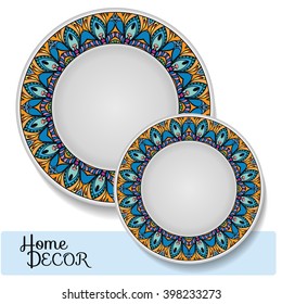 Set of 2 matching decorative plates for interior design. Tribal ethnic ornament, home decor vector illustration.
