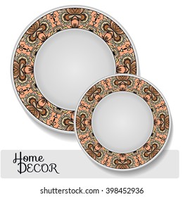 Set of 2 matching decorative plates for interior design. Tribal ethnic ornament, home decor vector illustration.