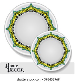 Set of 2 matching decorative plates for interior design. Tribal ethnic ornament, home decor vector illustration.