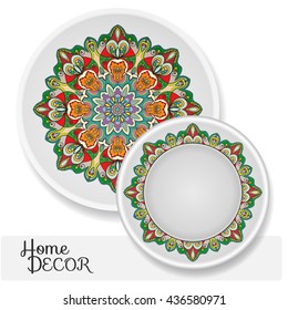 Set of 2 matching decorative plates for interior design. Tribal ethnic ornament, home decor vector illustration. Mandala decoration pattern, arabic, indian, turkish motif