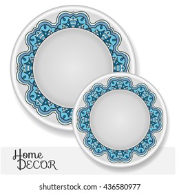 Set of 2 matching decorative plates for interior design. Tribal ethnic ornament, home decor vector illustration. Mandala decoration pattern, arabic, indian, turkish motif