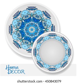 Set of 2 matching decorative plates for interior design. Tribal ethnic ornament, home decor vector illustration. Mandala decoration pattern, arabic, indian, turkish motif