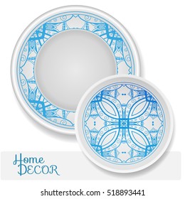 Set of 2 matching decorative plates for interior design. Tribal ethnic ornament, home decor vector illustration. Mandala decoration pattern, arabic, indian, turkish motif