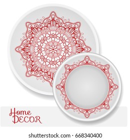 Set of 2 matching decorative plates for interior design. Tribal ethnic ornament, home decor vector illustration. Mandala decoration pattern, arabic, indian, turkish motif