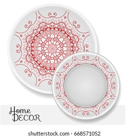 Set of 2 matching decorative plates for interior design. Tribal ethnic ornament, home decor vector illustration. Mandala decoration pattern, arabic, indian, turkish motif