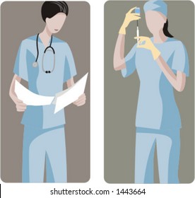 A set of 2 medical illustrations. 1) Surgeon analysing the results before the operation. 2) Surgeon preparing a medicine.