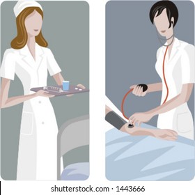 A set of 2 medical illustrations. 1) Medic preparing a medicine. 2) Blood pressure measuring.