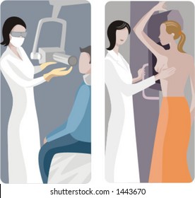 A set of 2 medical illustrations. 1) Dentist  makes a X-ray. 2) Medic makes a X-ray.