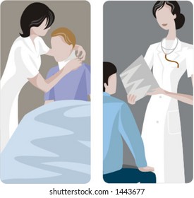 A set of 2 medical illustrations. 1) Nurse helping a patient with broken neck. 2) Doctor discussing results with a patient.