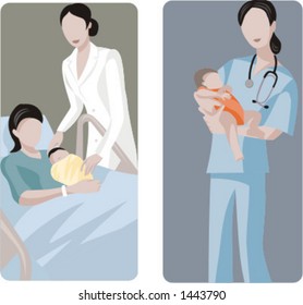 A set of 2 medical illustrations. 1) Mother and baby. 2) Midwive holding a baby.