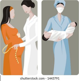 A set of 2 medical illustrations. 1) Midwive measures the belly of a pregnant woman. 2) Midwive holding twins.