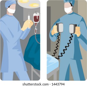 A set of 2 medical illustrations. 1) Surgeon preparing to give an injection. 2) Emergency case.