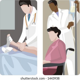 A set of 2 medical illustrations. 1) Orthopedic applying plaster to a broken leg.   2) Medic helping patient in wheelchair.