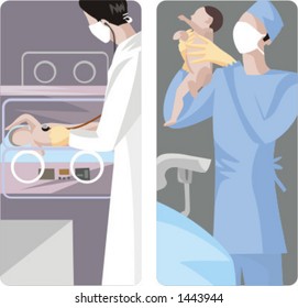 A set of 2 medical illustrations. 1) Obstetrician examines a baby. 2) Obstetrician holding a baby.