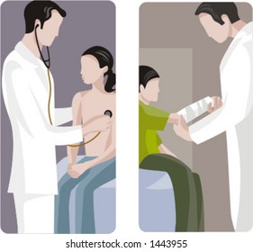 A set of 2 medical illustrations. 1) Pediatric examines a girl. 2) Orthopedic applying plaster to a broken hand.