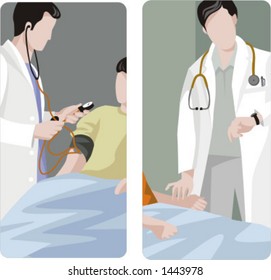 A set of 2 medical illustrations. 1) Blood pressure measuring. 2) Medic with stethoscope.