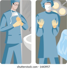 A set of 2 medical illustrations. Surgeons preparing for operation.