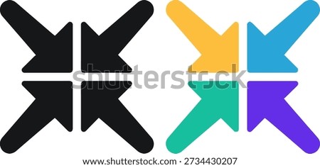 Set of 2 minimalist four arrows pointing inward icons for data consolidation and minimize screen interface design