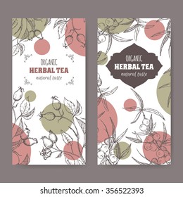 Set of 2 modern labels for dog rose and sea buckthorn herbal tea. Based on hand drawn sketch. 
