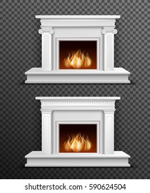 Set of 2 modern white indoor burning fireplaces one under another on black transparent background vector illustration 