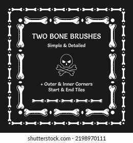 Set of 2 monochrome pattern brushes with bones for Halloween, Dia de Muertos decoration. Corners, end and start tiles included. Square frame in vintage style. Isolated on a black background.