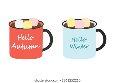 Conjunto de 2 tazas con 2 letras estacionales Hola otoño, Hola invierno, bebida de wam y cubos de malvavisco