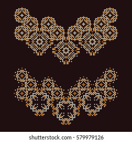 Set of 2 necklaces in american indian style. Embroidery dotted schemes. Cross stitching navajo neckline. Textile geo prints. Beading chevron design. Tel kirma technique.