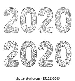Set of 2 numbers 2020 patterned with zen-tangle doodle flowers. Isolated on white. Handwritten font 2020 for decorate calendar, banner, poster, invitation, new year card, adult coloring book. eps 10