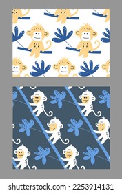 Set of 2 nursery seamless pattern with cute monkeys. Vector illustration for fabric, packaging, textile, wallpaper, apparel.