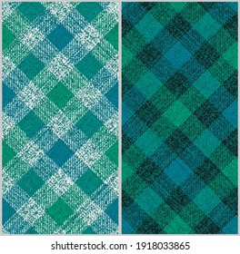 set of 2 old ragged grungy fabric textures green and blue stripes on black or white checkered seamless ornament for gingham, plaid, tablecloths, shirts, clothes, dresses, tartan, bedding, blankets