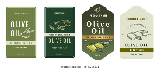 Set 2 of olive oil labels isolated on white background. Healthy vegetarian organic food. Vector Illustration. 