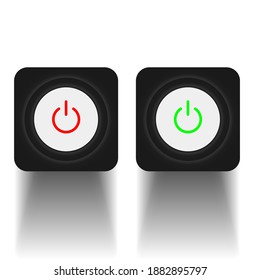 Set of 2 On Off push power buttons with dark grey background, The Off buttons are enclosed in red icon in white and black circle and the on buttons in green icon in green and black circle,