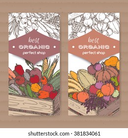Set of 2 organic shop label templates with fruits and vegetables on white background. Placed on cardboard texture. Based on hand drawn sketch. 
