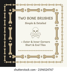 Set of 2 pattern brushes with bones for Halloween, Dia de Muertos decoration. Corners, end and start tiles included. Square frame in vintage style. Isolated on a black, white background.