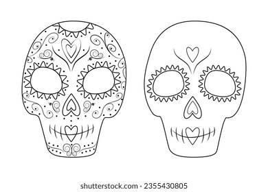 Set of 2 patterned Outline drawing Sugar Skulls. Day of the Dead. Dia de los muertos. Mexico. Vector