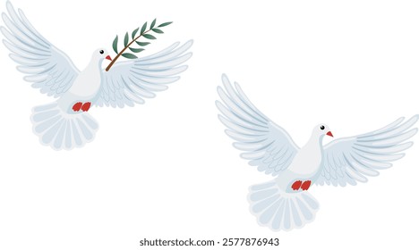 Set of 2 peace doves, one without and one with a branch in its beak