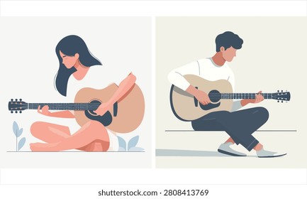 Set Of 2 People Playing Acoustic Guitar Vector Illustrations, Men And Women Musician Playing Guitar For Music Hobby And Lifestyle Design