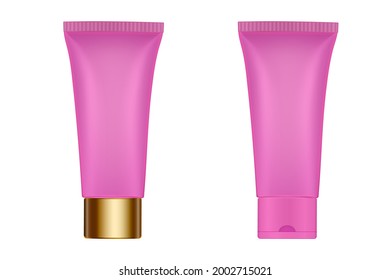 Set of 2 pink plastic tubes with gold cap. Hand cream, mask or lotion. Cosmetic gel. Professional shampoo. 3d mockup
