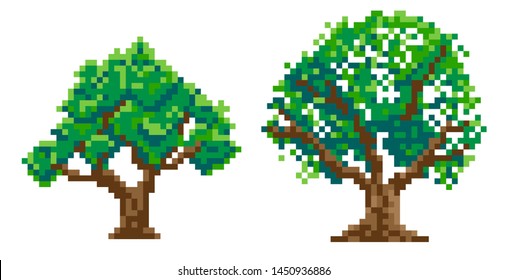 set of 2 pixel trees, pixel art. vector illustration