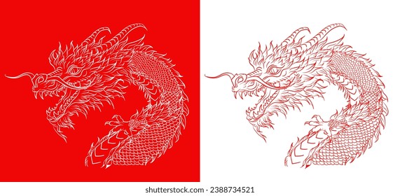 Conjunto de 2 afiches con dragón chino lineal como símbolo del año nuevo lunar 2024. Esbozar las siluetas de dragón rojo en un estilo asiático sobre fondo blanco y rojo