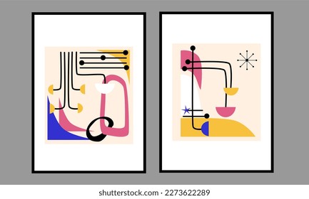 Set of 2 print mid century modern wall art. Retro geometry wall decor with minimalist style. Good for poster, home decor, art deco, wall decorations, wallpaper and background.