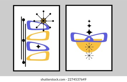 2 gedruckte moderne Wandkunst aus der Mitte des Jahrhunderts. Retro Geometrie Wanddekor mit minimalistischem Stil. Gut geeignet für Poster, Heimeinrichtung, Kunstdeko, Wanddekorationen, Tapeten und Hintergrund.