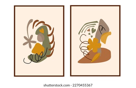 Set of 2 printable abstract organic shapes wall art decorations. Mid century moden flowers and leafs wall decoration vector illustration. Can use for poster, home decor, wallpaper, and cards.