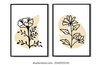 Conjunto de 2 impressões flores linha arte parede. Florais linha arte poster vetor coleção.