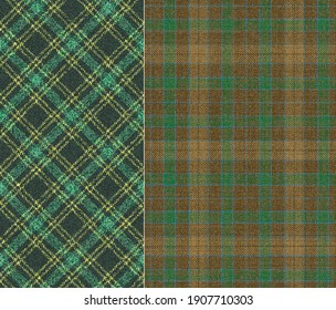 set of 2 ragged old fabric texture green brown black colors of traditional checkered gingham seamless diagonal ornament for plaid, tablecloths, shirts, clothes, dresses, tartan