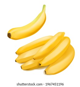 Set of 2 realistic bananas isolated on white background.. Tropical fruits. 3D vector illustration