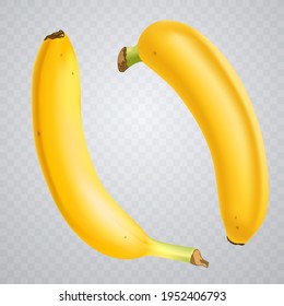 Conjunto de 2 plátanos realistas sobre un fondo transparente a cuadros. Frutas tropicales. Ilustración vectorial 3D