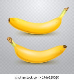 Conjunto de 2 plátanos realistas sobre un fondo transparente a cuadros. Frutas tropicales. Ilustración vectorial 3D